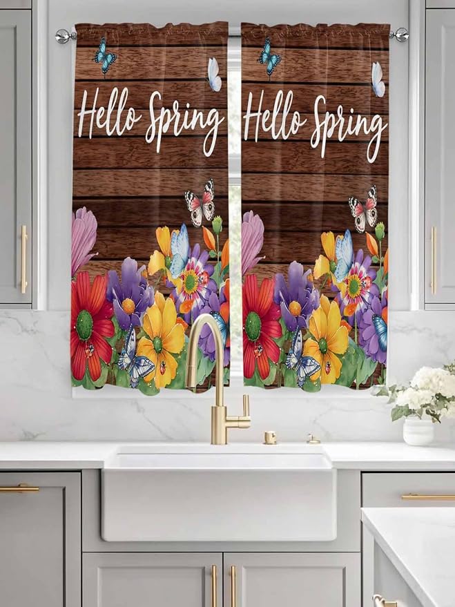Spring Flowers Bedroom Curtains 63 Inches length, Watercolor Farmhouse Colorful