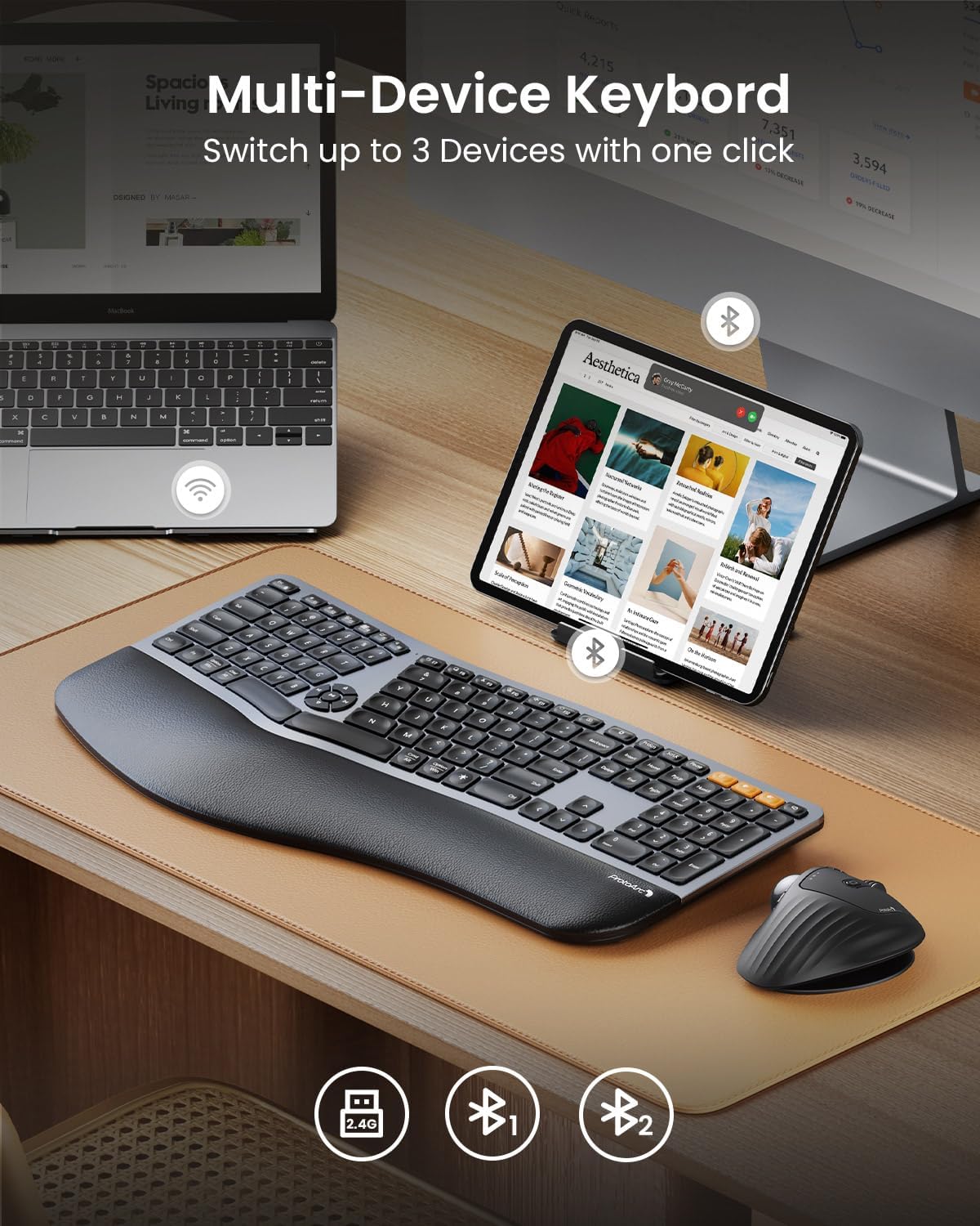 ProtoArc EK01 Plus Backlit Bluetooth Ergonomic Keyboard, Full Size, Grey