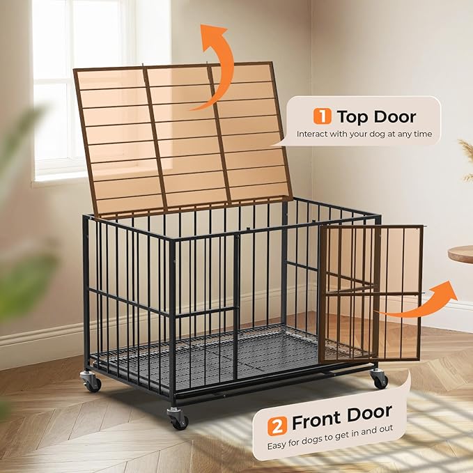 42 Inch Heavy Duty Dog Crate Steel Escape Proof,Indoor Double Door High Anxiety Cage, Removable Tray, Kennel with Wheels,XL XXL