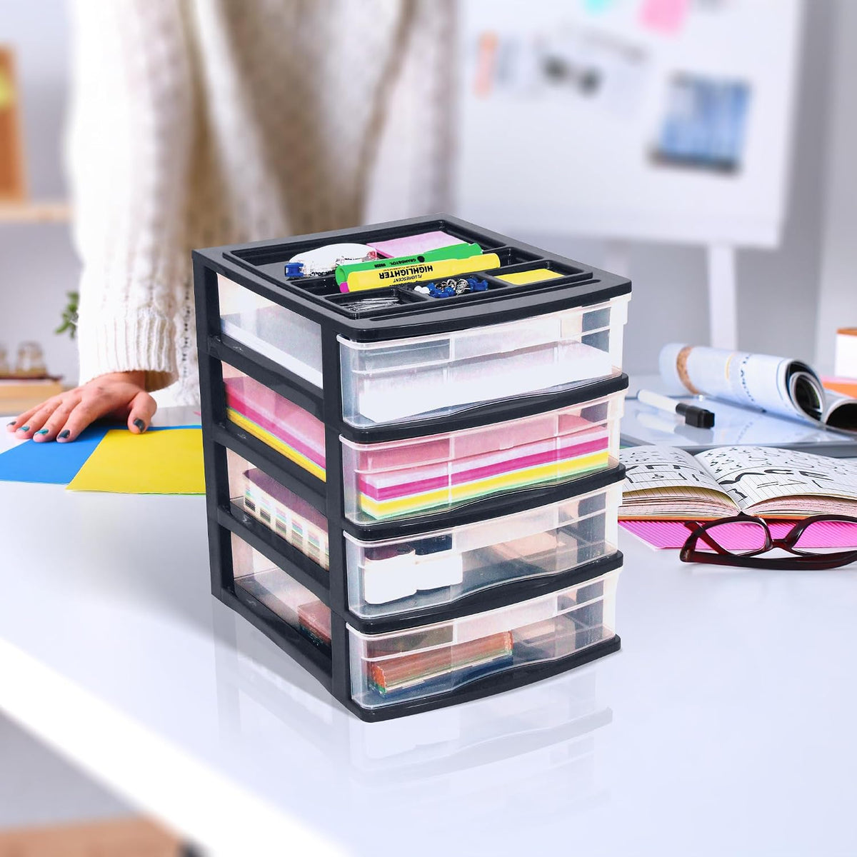Gracious Living 4-Drawer Desktop Organizer with Tray Top, Black, 3-Pack