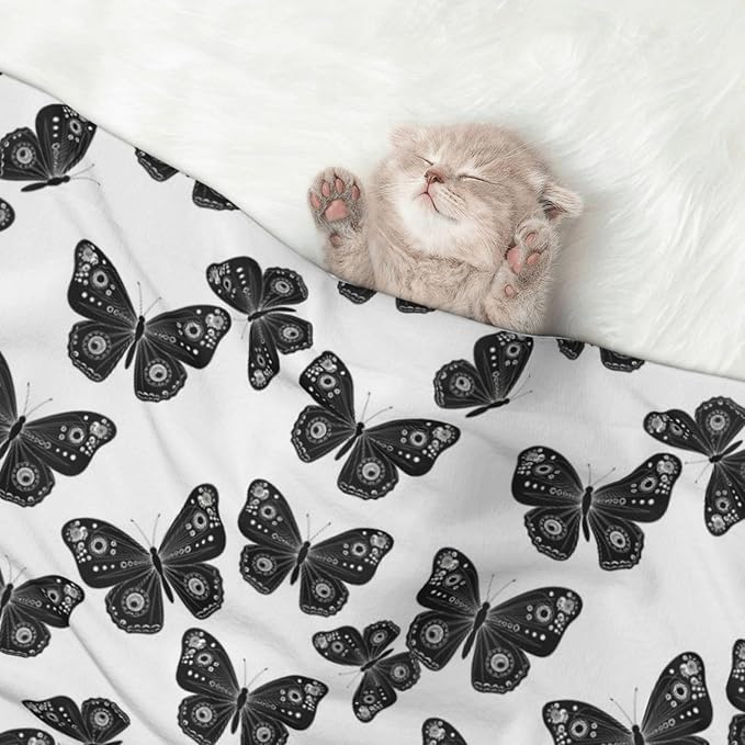Two Sided Plush Pet Blanket for Crates Carriers Home Use, Butterflies Black and White, Reversible Throw with Cozy Dot Fabric and Silky Reverse for Small Large Pets