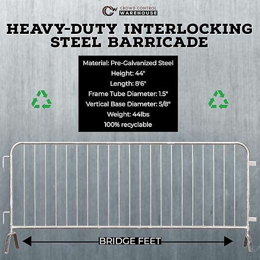 Angry Bull Barricades Metal Interlocking Steel Barricade (8.5 Ft. Heavy Duty, Bridge Feet, Grey Powder Coated, Set of 20)