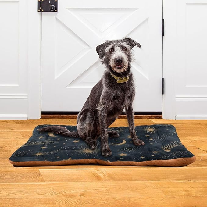 Moon Stars Dog Bed Mat Gold Black Starry Pet Kennel Beds Washable Cat Beds Crate Pad Pets Sleeping Mattress for Large Medium Small Dogs 36x24 Inch