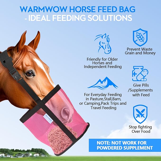 Horse Feed Bag Pack of 2, Feed Bags for Horses with Ventilation Mesh, Comfort Nose Pad Neck Pad, Adjustable Strap, Spill Proof Design for Independent Feeding Grain, Supplements (Pink)