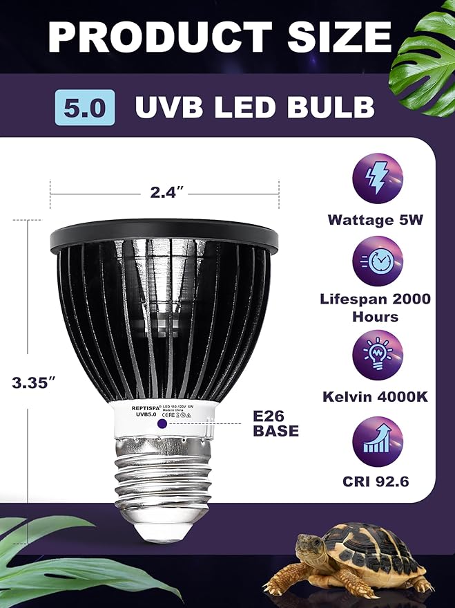 LED UVB Light for Reptiles, 5W 5.0 LED UVA UVB Lamp, Reptile UVB Bulb for Bearded Dragon Lizard Gecko Snake Turtle, Provide Sufficient UVB Exposure Tropical & Desert Reptiles