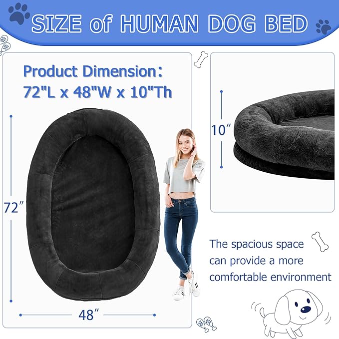 Human Dog Bed - 72"x48"x10" Large Gaint Shared Bed for Adult - Flufelbed Standard Cloud Bed for Humans and Dogs - Nap Bed Bean Bag Bed Faux Fur Fluffy Orthopedic Pet Bed Large Black