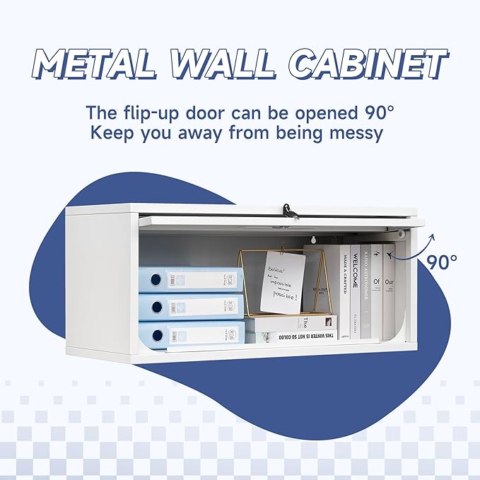 Metal Wall Storage Cabinet with Up-flip Door, Wall-Mounted Storage Cabinet for Garage, Warehouse, Home, Office, Assembly Required (White)