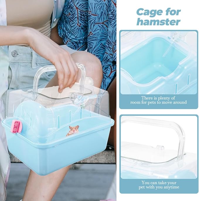 POPETPOP Small Animal Carrier Cage with Water Bottle - Portable Hamster Travel Cage with Handles for Hedgehog Hamster Rat Bearded Dragon Ferret Chinchillas (Sky-Blue) 11"*6.69"