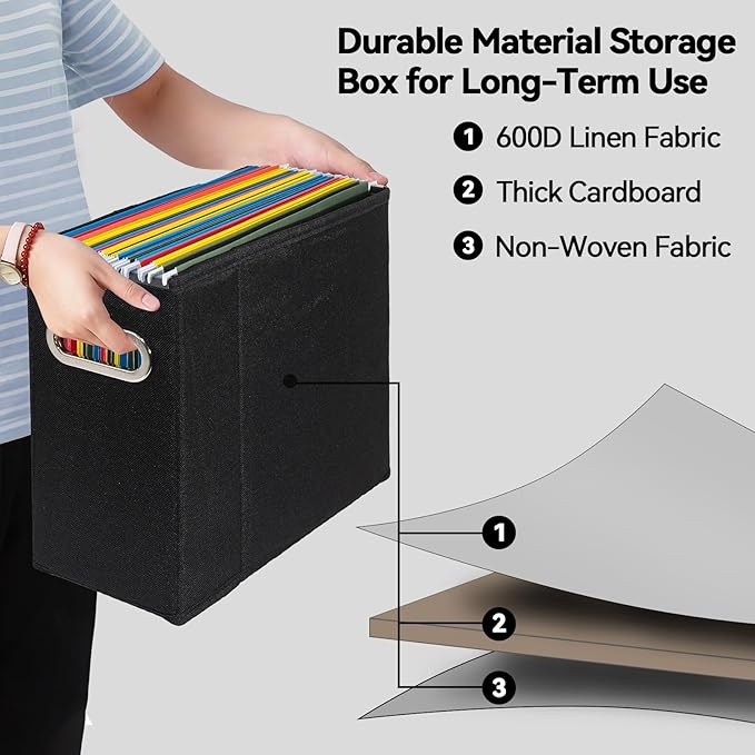 2 Packs Letter Size File Organizer, File Folders Organizer, Fabric Storage Box, Collapsible Paper Organizer with Metal Handle, Smooth PVC Rails, Only Box (Black)