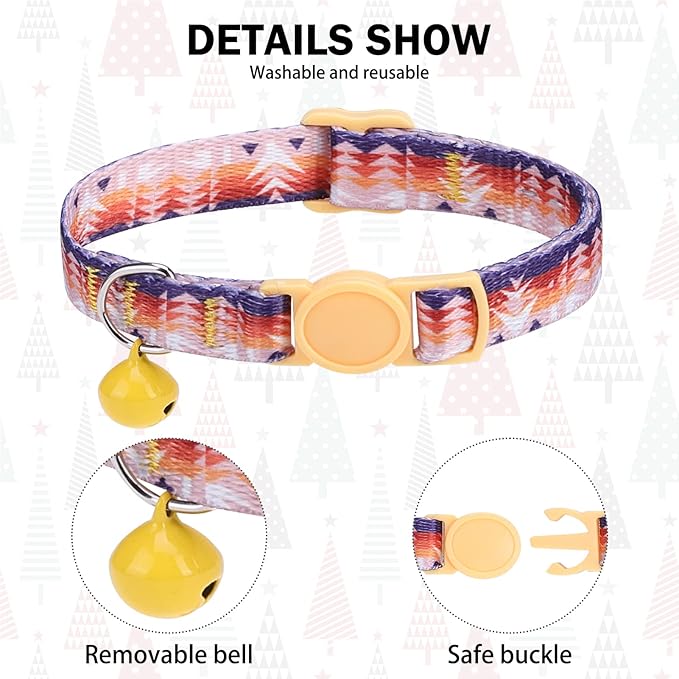 Breakaway Cat Collars for Girl Boy Cats, Spring Summer All Weather Cat Collar Personalized Pattern 2 Pack,Cute Classic Safety Buckles and Bells,Adjustable Printed Nylon Colorful Kitten Collar