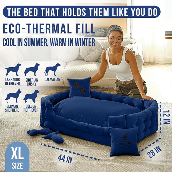 Luxury Dog Bed Chesterfield – Handcrafted Velvet Throne for Dogs | Joint Support, Calming & Temp-Regulating Comfort | Durable 5+ Years, Anti-Claw, Washable 100+ Times – XL, Blue
