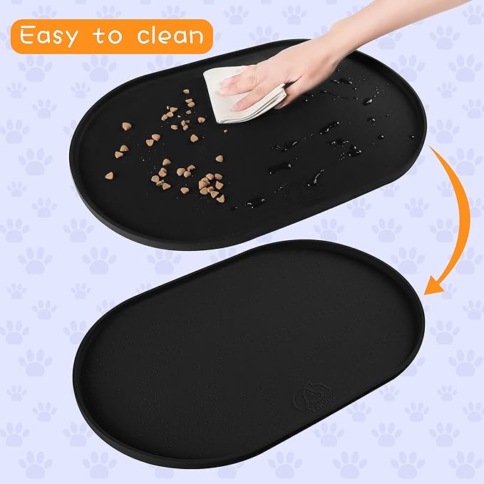 100% Waterproof 0.5" Raised Edge BPA Free Silicone Dog Food Mat, Pet Cat Feeding Mats Contain Spills Protects Floors, Placemats for Cats and Dogs Water Bowl Dishwasher. (Large/XL, Black)