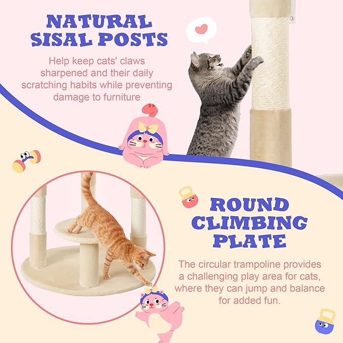 Allewie 55.5 in Cat Tree for Indoor Kitties/Soft Plush Perches/Multi-Level Cat Tower/Sisal Scratching Posts/Crescent Plates/Round Jumping Board/Hanging Ball/Pet Activity Center/Beige