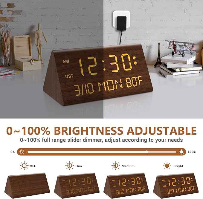 Kogonee Wooden Digital Alarm Clock, 0-100% Dimmer, 2 Alarm Settings,