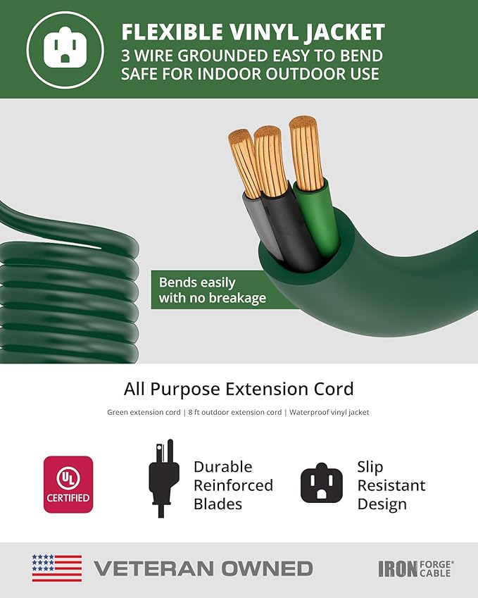 Iron Forge Cable 2 Pack Weatherproof 8 Ft Outdoor Extension Cord - 16/3 SJTW Heavy Duty Green Extension Cord 3 Prong - 13 Amp Exterior Power Cable