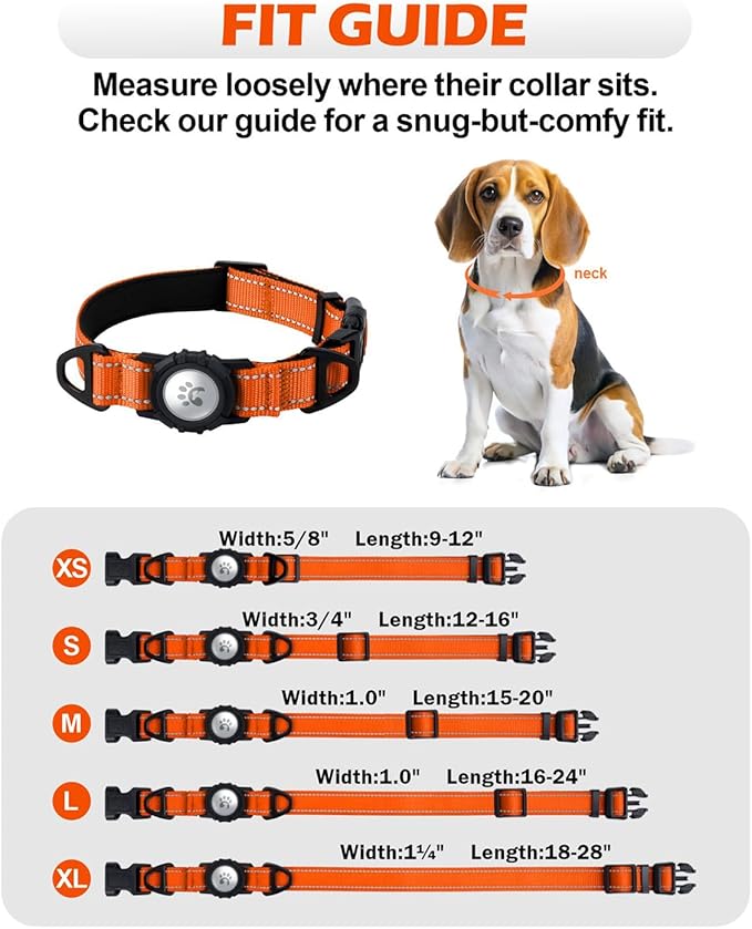 TagME Airtag Dog Collar,Waterproof Reflective Pet Collar with Airtag Holder,Soft Padded and Double D-Rings for Extra Large Dogs,Orange