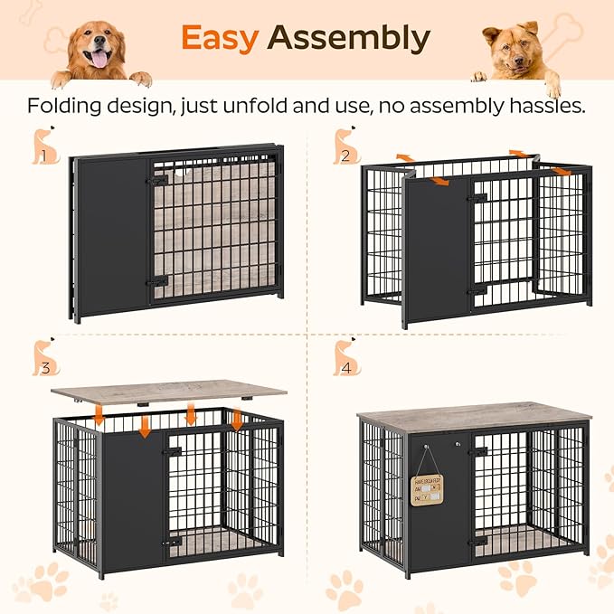 Foldable Dog Crate Furniture, Dog Crate with DIY Frame, Heavy Duty Dog Kennel Indoor with Hooks, Wooden Dog Cage End Table, for Small/Medium Dogs, Greige DC95BG