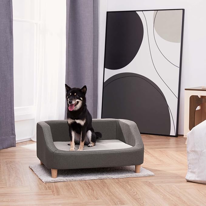 Teamson Pets Bennett 32 Inch Raised Heathered Linen Sofa Dog Daybed with Removable Cushion and Washable Cover for Cats & Small or Medium Dogs, Gray