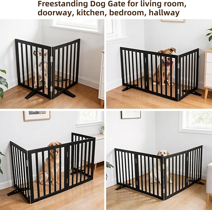 ZJSF Freestanding Indoor Dog Gate for House Foldable Wood Puppy Gate for Doorways Pet Gate for Stairs Extra Wide Pet Fence, Black, 32" Height 2 Panels