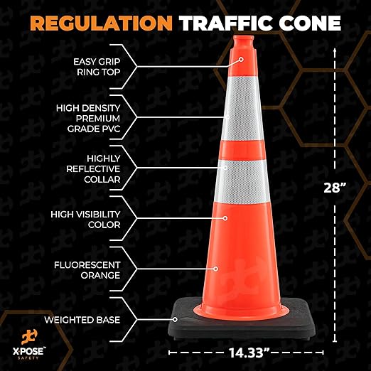 Xpose Safety 28 Inch Orange Slim Line Traffic Cones with 6" & 4" Collars, 4 Pack Multipurpose PVC Plastic Safety Cone for Parking, Soccer, Caution, Kids & Construction - DOT Approved