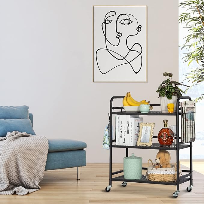 HDANI 3 Tier Metal Mesh Utility Cart,Large Capacity Multipurpose Heavy Vehicle,Rolling Trolley with to Hooks and One Basket(Black)
