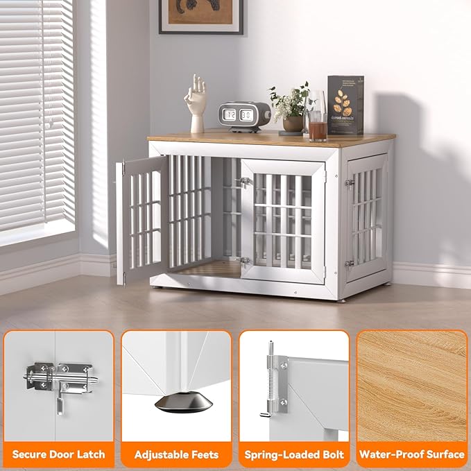 38" Heavy Duty Dog Crate Furniture for Small,Medium and Large Dogs,Rustic Wooden Dog Cage Kennel Indoor Furniture with Waterproof Top,Decorative Pet House Side End Table (White & Wood)