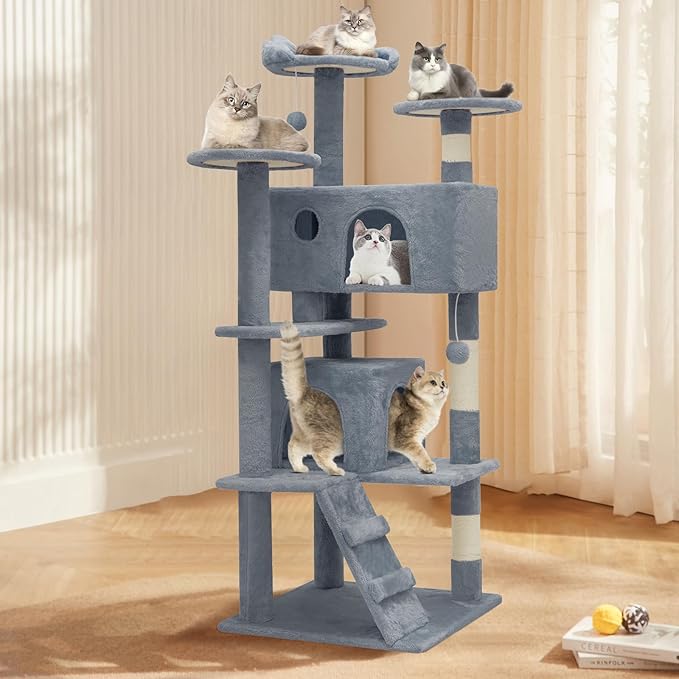Athena Collection Cat Tree, 54 Inch Multi-Level Cat Activity Center with 2 Cat Condo & Scratching Post & Dangling Ball for Indoor Cats, Light Gray
