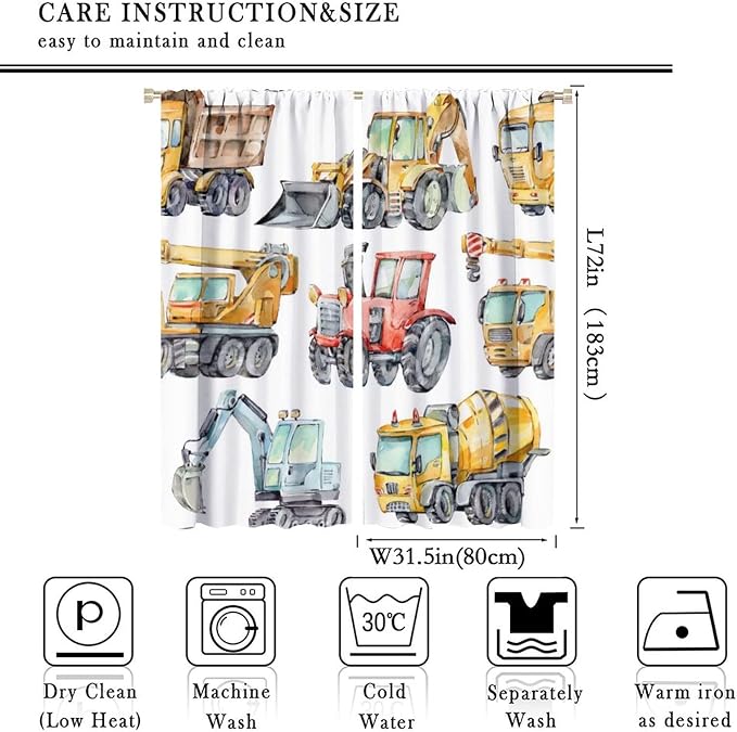Kids Excavator Curtains, Retro Truck Tractor Machinery Construction Vehicle