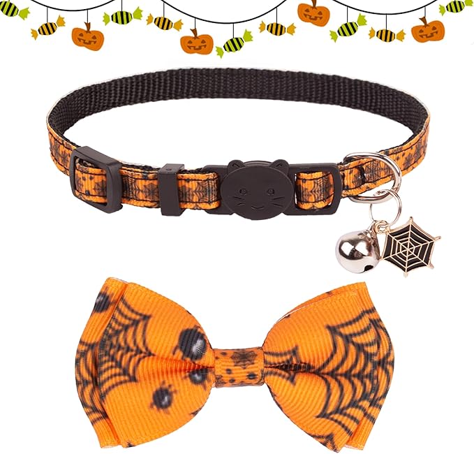 ADOGGYGO Halloween Cat Collars with Bow Bell, Breakaway Kitten Bowtie Collar Spider Web Skull Halloween Collars for Girl Boy Cats Kittens