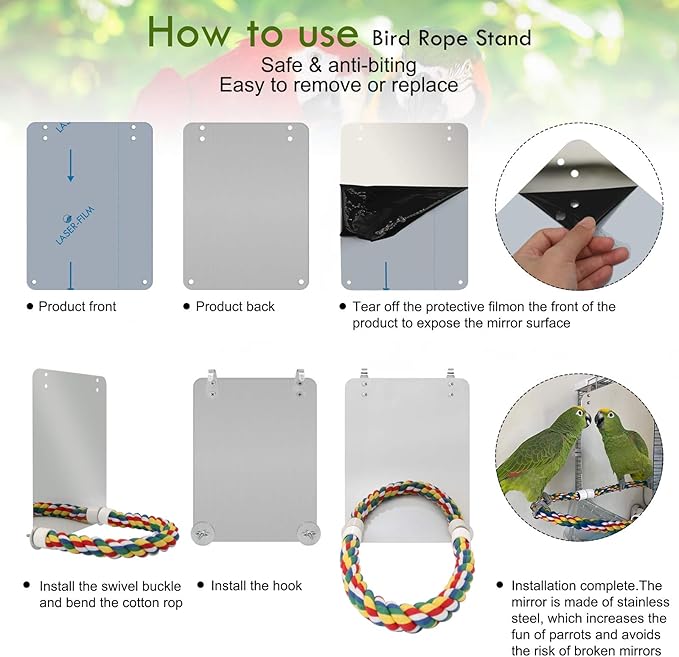 BWOGUE Large Stainless Steel Bird Mirror with Rope Perch Cockatiel Mirror for Cage Bird Toys Swing Parrot Cage Toys for Parakeet Cockatoo Cockatiel Conure Lovebirds Finch Canaries (10.6 Inch)