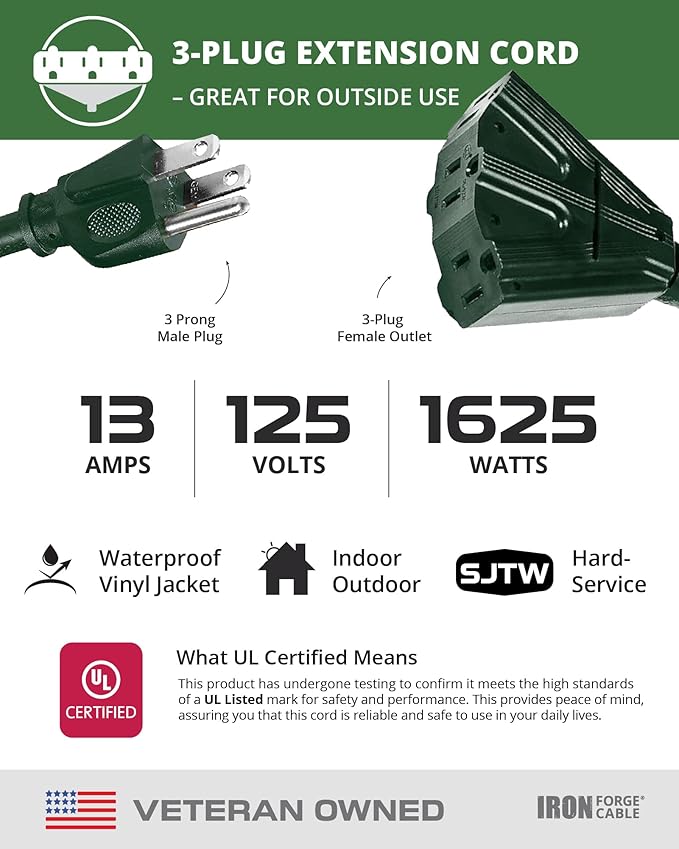 Iron Forge Cable 50ft Green Outdoor Extension Cord with 3 Outlets - 16/3 SJTW 50ft Extension Cord 3 Prong, 13 Amp All-Weather Heavy Duty Power Cable