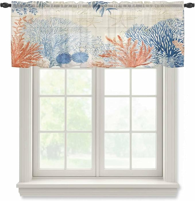 Ocean Corals Sheer Valance Curtains, Summer Beach Coral Sea Stars Retro Texture