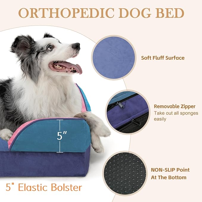 Comfort Expression Orthopedic Dog Bed for Extra Large Dogs 45x35 Inch, Waterproof Egg Crate Foam XL Pet Bed with Removable Bolsters, Dog Couch with Washable Cover & Non-Slip Bottom, Enchanted Cove