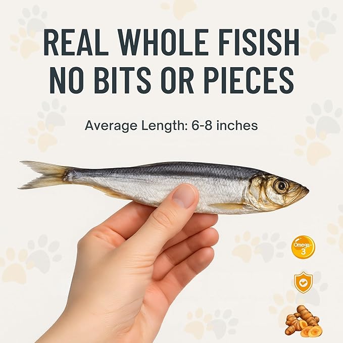 Happy Gluten Free Herring Dog Treats – Wild-Caught Dried Fish for Dogs & Cats – Single Ingredient, High Protein Fish Treats – Made in Alaska, Infused with Turmeric (3.5 oz)