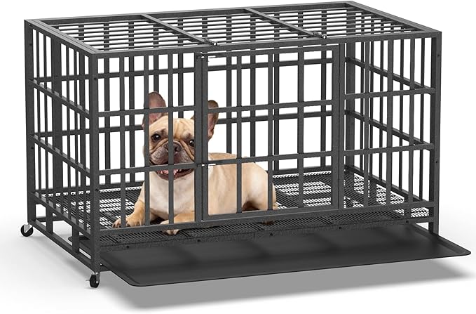38 Inch Heavy Duty Dog Crate, Indestructible Escape-Proof Dog Kennel for High Anxiety Large Dogs, Strong Metal Pet Cage with Double Doors, Lockable Wheels & Removable Tray, XL XXL XXXL