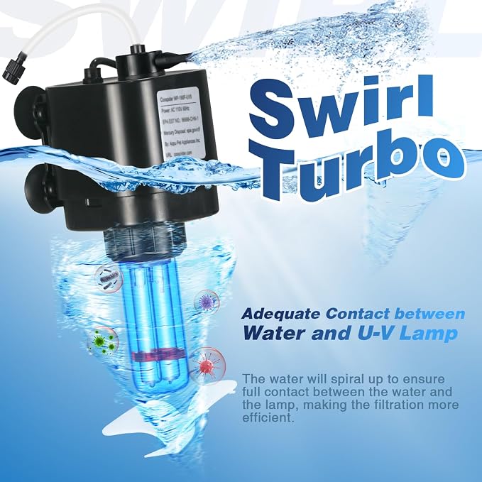 Aquarium U-V Filter for 10-40 gal, 132 GPH Swirl Turbo Design Submersible