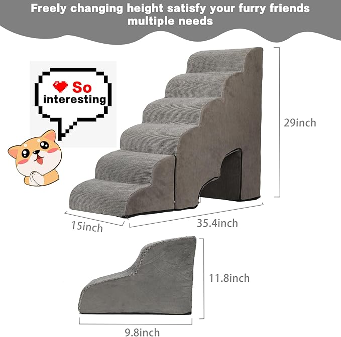 Dog Stairs for High Beds 25-30 inches Tall, 6-Step Dog Steps for High Bed for Doggies/Kitties, 30D Foam Pet Stairs Steps for Small Dogs, Doggie Ramp/Ladder for Old Dogs/Cats, Grey