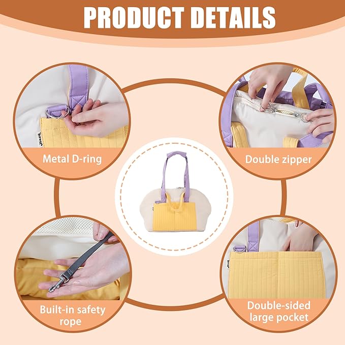 Small Dog Carrier Purse, Soft Fluffy Pet Carrier Tote Cat Carrier with Secure Harness Clip and Removable Pad, Woman Style Pet Travel Handbag（Yellow）