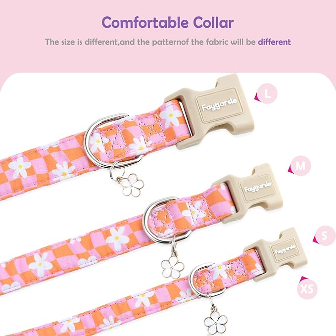 Faygarsle Floral Dog Collar, Pink and Orange Pattern with White Flowers, Spring Summer Design for Small Medium Large Dogs M