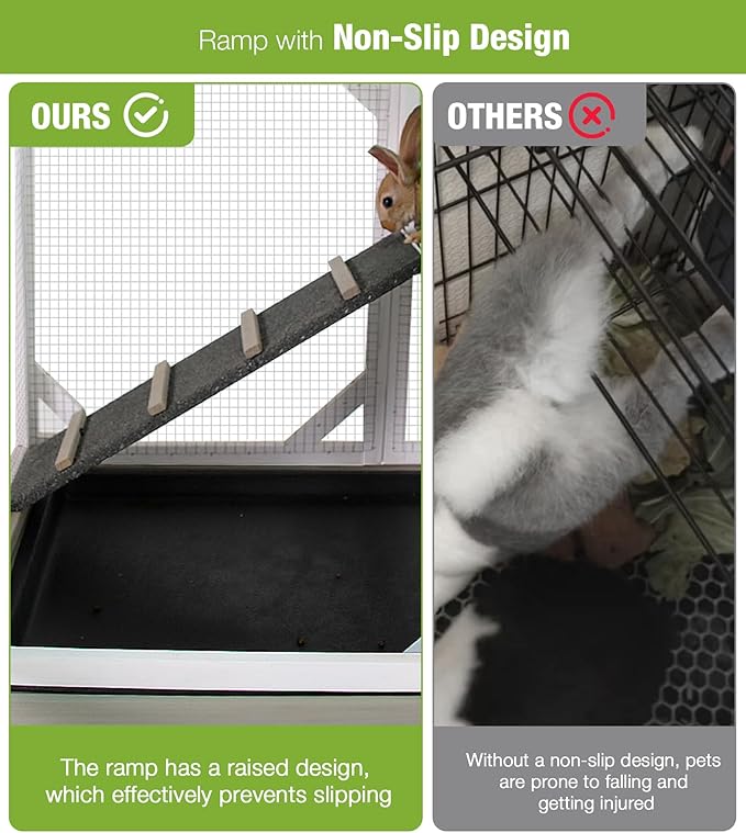 GUTINNEEN Rabbit Hutch Indoor and Outdoor, Rabbit Cage on Wheels with 2 Deep Pull Out Trays, Wooden Bunny Cage with Non-silp Ramp and Sliding Door, Mocca Color