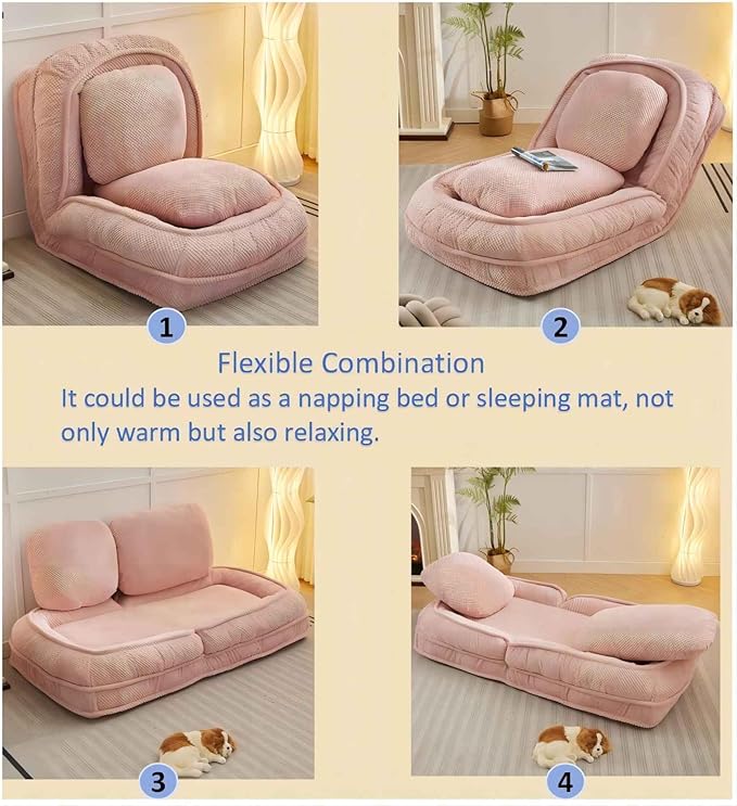 Human Dog Bed for Adult and Kids, Comfy Foldable Lazy Floor Sofa Bed with 5 Adjustable Position, Pink Upholstered Floor Bean Bag Lounger Chair for Bedroom, Living Room,Office (Pink.)