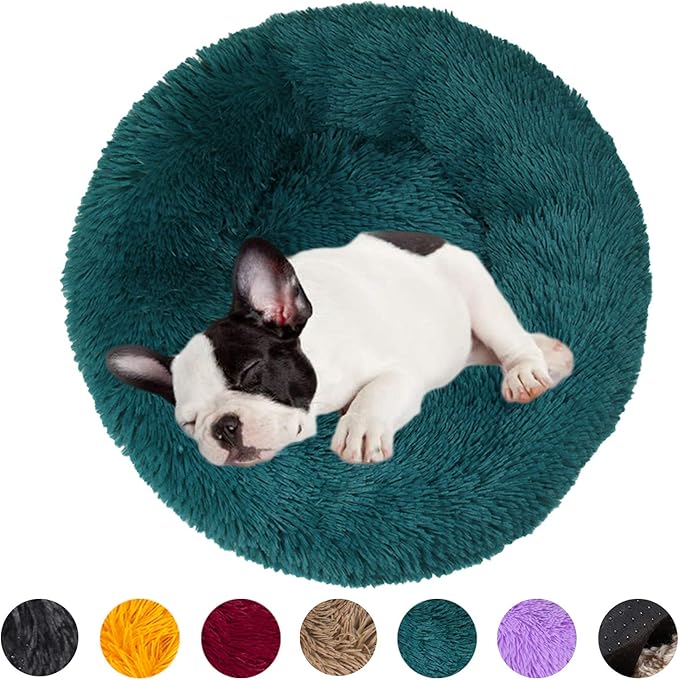huraty Plush Dog Bed for Small Medium Dogs, Fluffy Donut Round Pet Cat Beds, Anti-Slip & Anti-Anxiety, 24 Inch for Puppy and Kitties, Teal, M