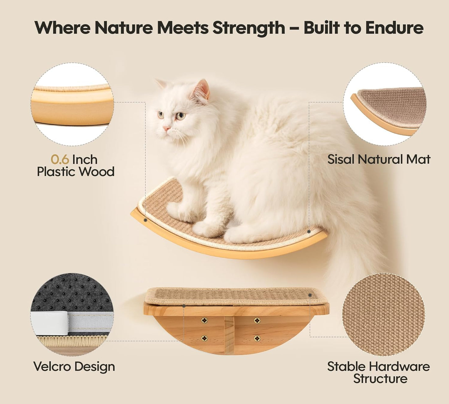 Cat Wall Shelves with Sisal Pads, 4-Piece Wooden Cats Furniture Set with Cat Window Perch, Flat Shelf & Sisal-Clad Steps for Climbing and Scratching