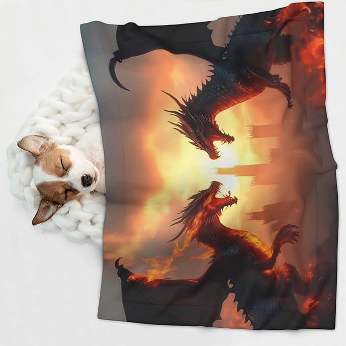 Castle Cool Fire Dragon Print Soft Plush Pet Blanket, Washable Dog Blanket, Cat Fleece Throw, Puppy Bed Crate Mat & Sofa Couch Protector - Large