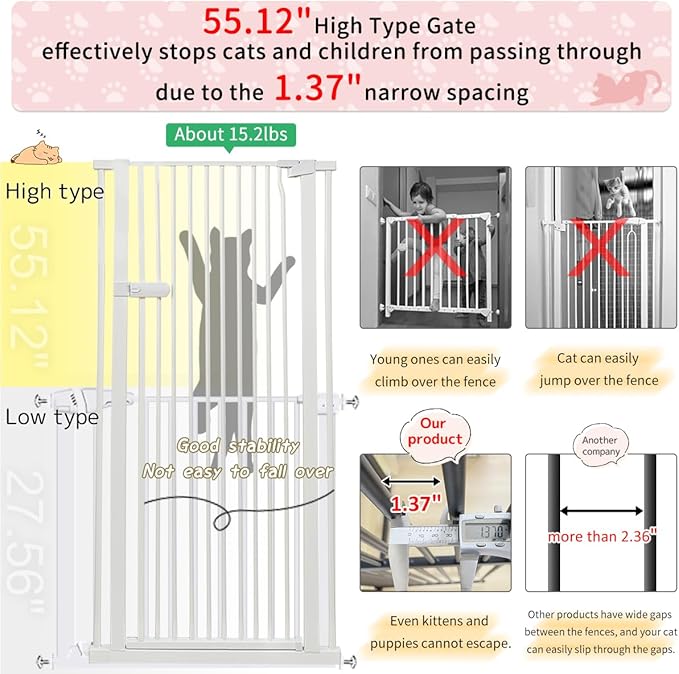 Lumizone Extra Tall Cat Gate 55.12" High Pressure Mounted Extra Wide 2025 New (17 Sizes) 1.37" Gap No Drilling Auto-Close One-Handed Operation Tall Pet Gate for Dogs(White, 55.12" H x 29.92"-34.24" W)