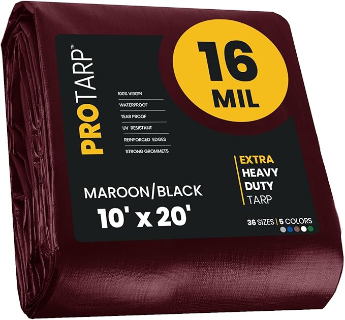 PROTARP Extra Heavy Duty 16 Mil Tarp Cover, Waterproof, UV Resistant, Rip and Tear Proof, Poly Tarpaulin with Reinforced Edges for Roof, Camping, Patio, Pool, Boat. (Maroon/Black 10′ X 20′)