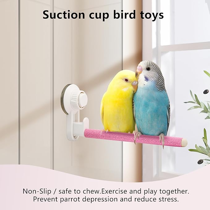 2Pcs Suction Cup Bird Perch,Wooden Parrot Window/Mirror/Car/Travel/Shower Perches Stand Quartz Portable Parakeet Grinding Stick Training Toys for Small and Medium Birds(Pink)