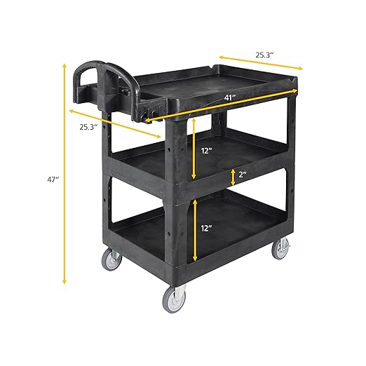 Rubbermaid Commercial Brute 3-Shelf Heavy-Duty Utility/Service Cart, Medium, High Storage, Lipped Shelves, Ergonomic Handle, 600 lb. Capacity, Ideal for Warehouse/Garage/Cleaning/Maintenance/Office