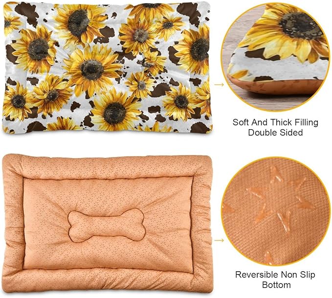 Retro Sunflower Dog Bed Mat Brown Leopard Pet Kennel Beds Washable Cat Beds Crate Pad Pets Sleeping Mattress for Large Medium Small Dogs 24 x18 Inch