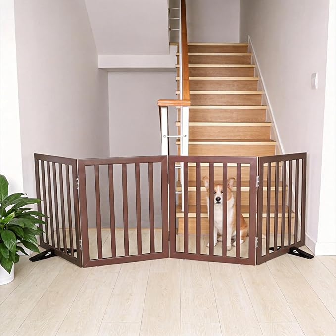 ZJSF Freestanding Indoor Dog Gate for House Foldable Wood Puppy Gate for Doorways Pet Gate for Stairs Extra Wide Pet Fence, Brown, 24" Height 4 Panels